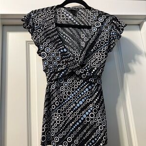Petite Sophisticate Black, Blue and White Circle Pattern Blouse